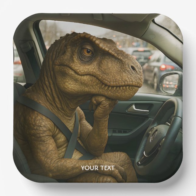 Fantasy Cute  Dinosaur Driving Car Paper Plate (Front)