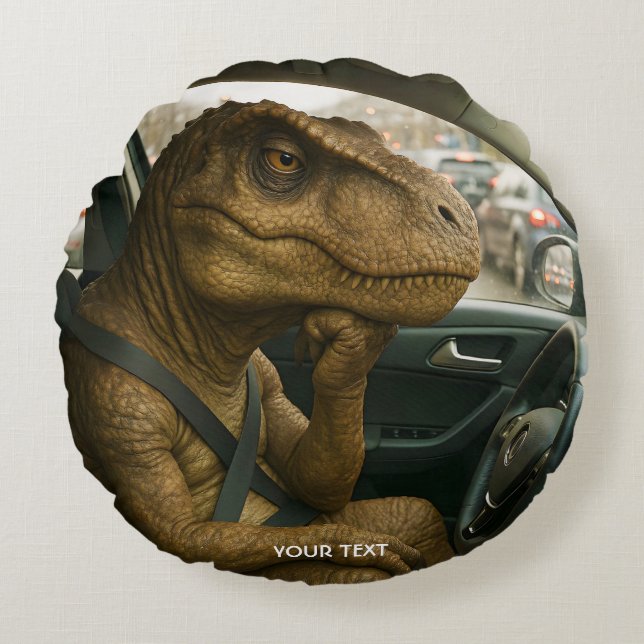 Fantasy Cute  Dinosaur Driving Car Round Cushion (Front)