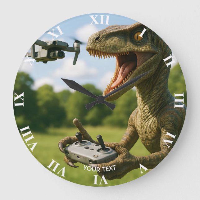Fantasy Cute Dinosaur Drone Forest Large Clock (Front)