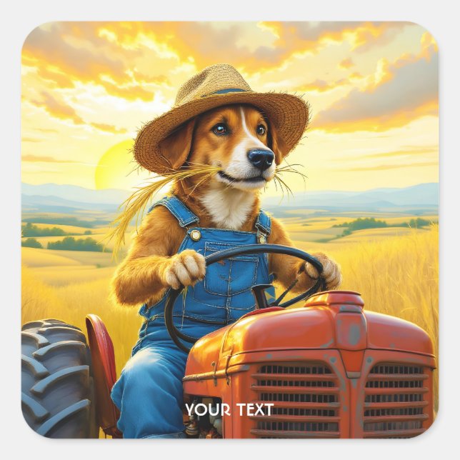 Fantasy Cute Dog Tractor Straw Square Sticker (Front)