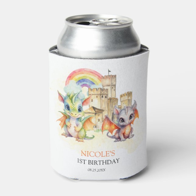 Fantasy Cute Dragon Castle Rainbow Kids Birthday Can Cooler (Can Front)