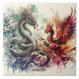 Fantasy Cute Dragon Phoenix Ink Ceramic Tile