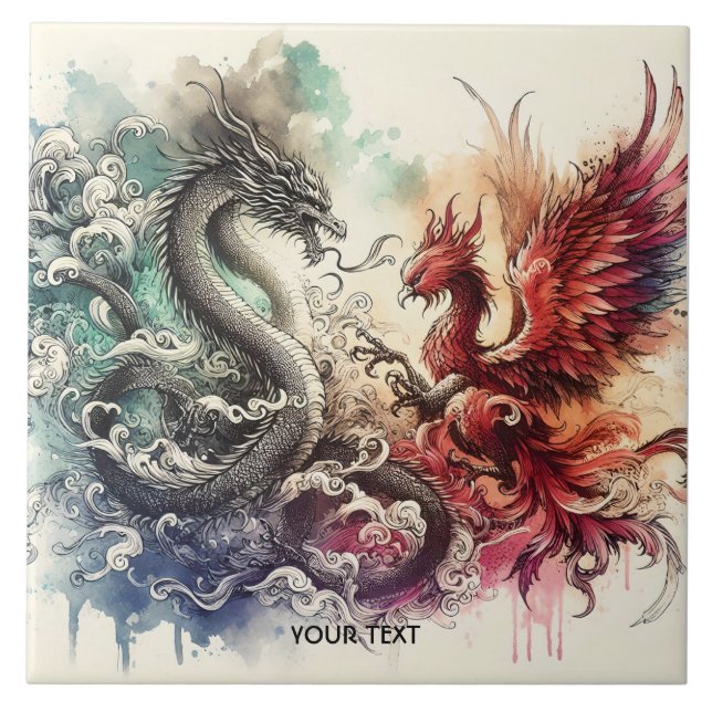 Fantasy Cute Dragon Phoenix Ink Ceramic Tile (Front)