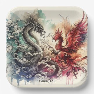 Fantasy Cute Dragon Phoenix Ink Paper Plate
