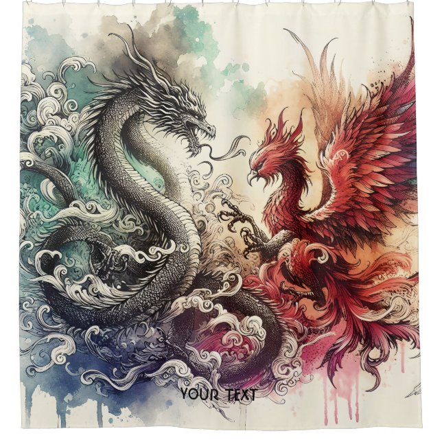 Fantasy Cute Dragon Phoenix Ink Shower Curtain (Front)