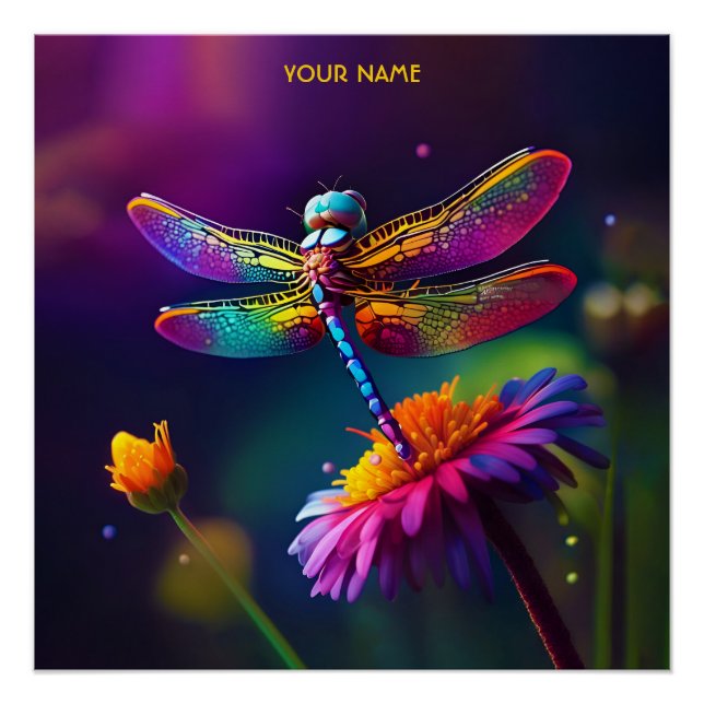 Fantasy Cute Dragonfly With Flower Poster (Front)