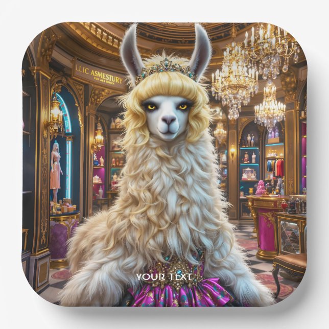 Fantasy Cute Drama Llama Queen Paper Plate (Front)