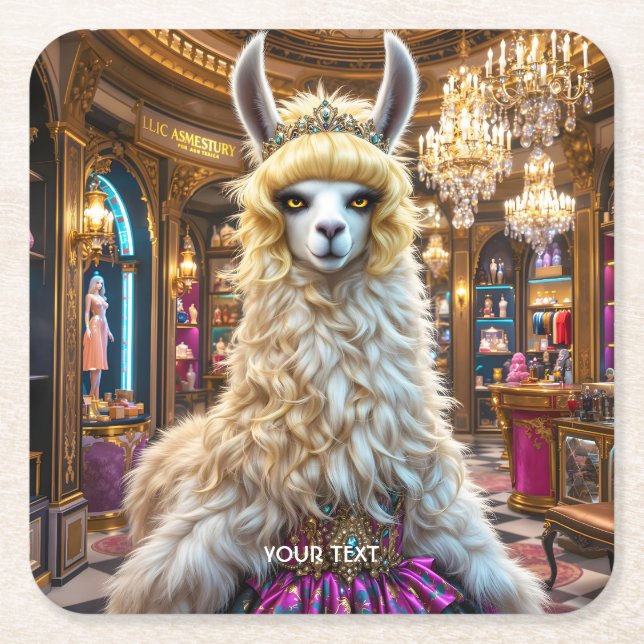Fantasy Cute Drama Llama Queen Square Paper Coaster (Front)