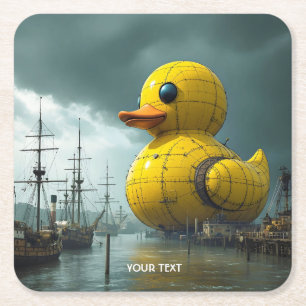 Fantasy Cute Duck War Ship Square Paper Coaster