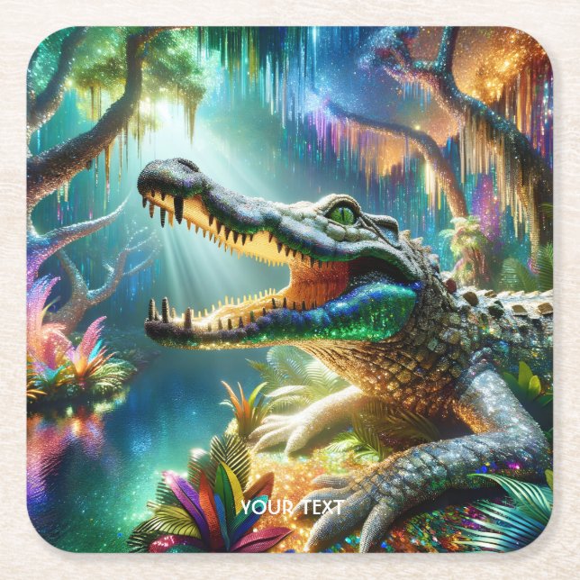 Fantasy Cute Enchanted Crocodile Jungle Square Paper Coaster (Front)