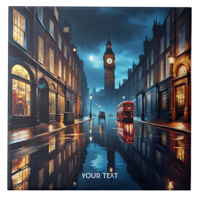 Fantasy Cute Evening London Rain Ceramic Tile (Front)