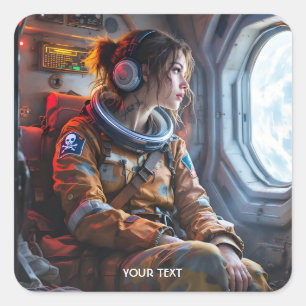 Fantasy Cute Female Astronaut Earth Square Sticker