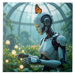 Fantasy Cute Female Robot Garden Ceramic Tile
