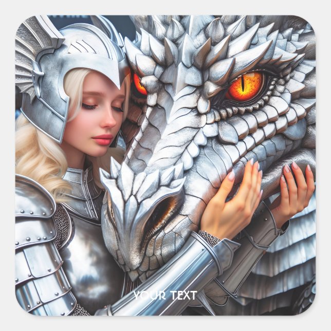 Fantasy Cute Female Warrior Dragon Square Sticker (Front)
