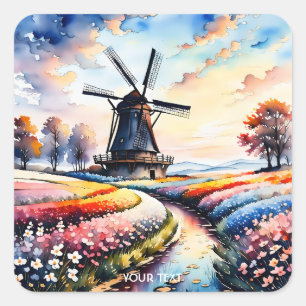 Fantasy Cute Field Flowers Clouds Square Sticker