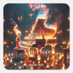 Fantasy Cute Fire Piano Girl Square Sticker