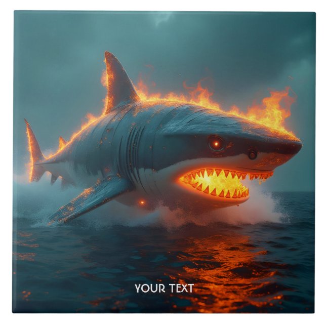 Fantasy Cute Fire Shark Sea Ceramic Tile (Front)
