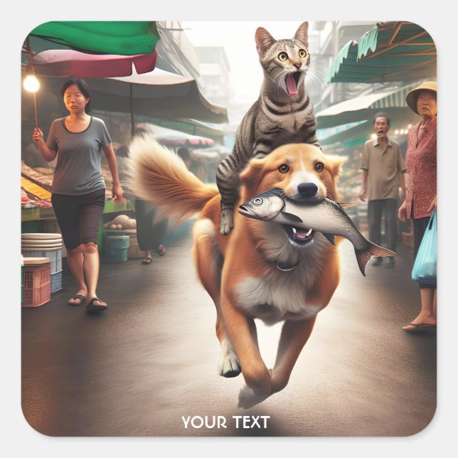 Fantasy Cute Fish Dog Cat Square Sticker (Front)