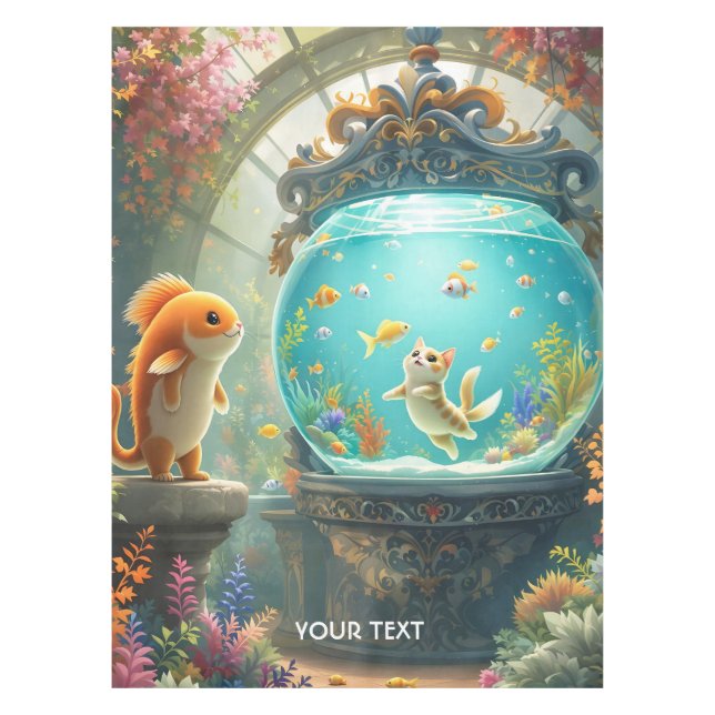 Fantasy Cute Fish Hunting Cat Tablecloth (Front)
