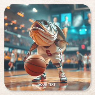 Fantasy Cute Fish Playing Basketball Square Paper Coaster