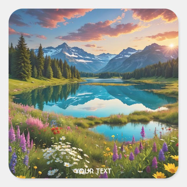 Fantasy Cute Flower Meadows Lake Square Sticker (Front)