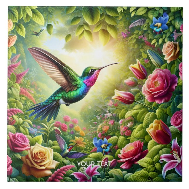 Fantasy Cute Flowers Rainbow Hummingbird Ceramic Tile (Front)