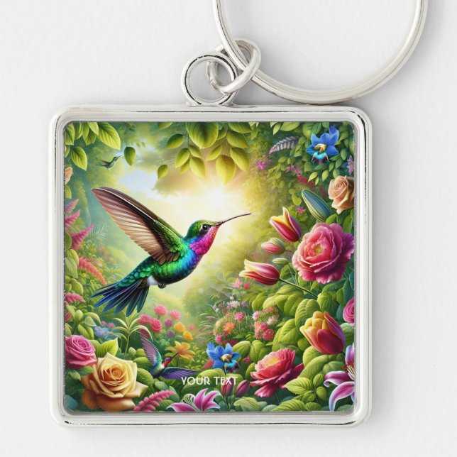 Fantasy Cute Flowers Rainbow Hummingbird Key Ring (Front)