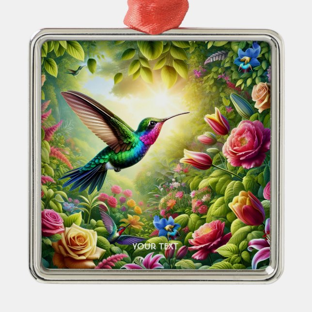 Fantasy Cute Flowers Rainbow Hummingbird Metal Ornament (Front)