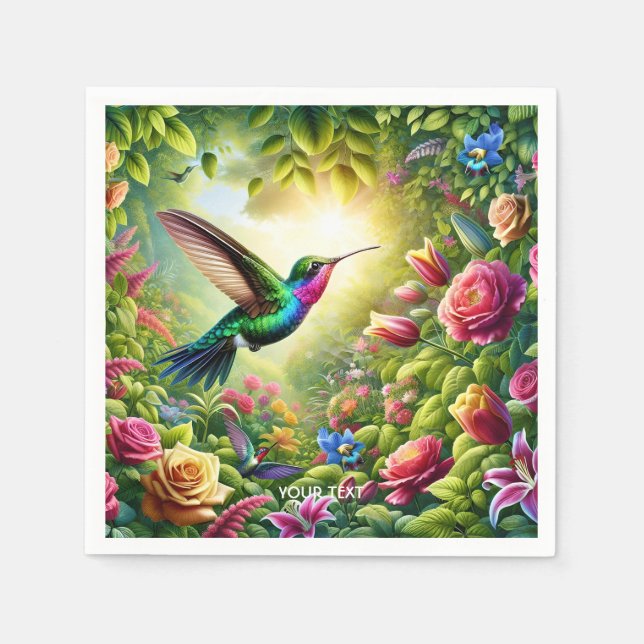Fantasy Cute Flowers Rainbow Hummingbird Napkin (Front)
