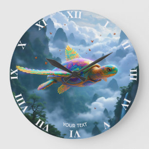 Fantasy Cute Flying Rainbow Turtle Large Clock