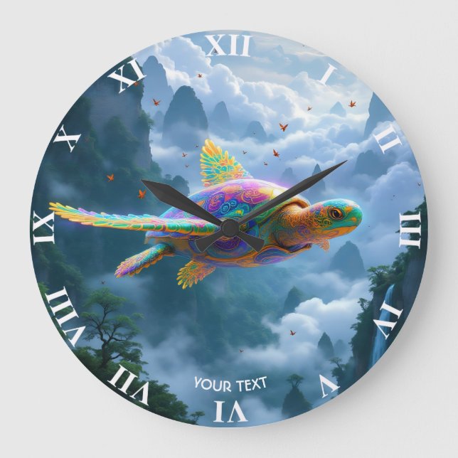 Fantasy Cute Flying Rainbow Turtle Large Clock (Front)