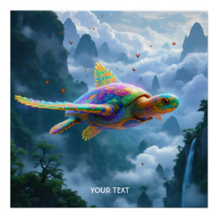 Fantasy Cute Flying Rainbow Turtle Poster