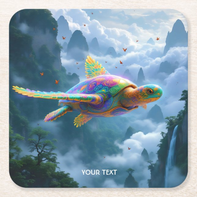 Fantasy Cute Flying Rainbow Turtle Square Paper Coaster (Front)