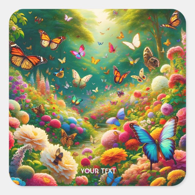 Fantasy Cute Forest Flowers Butterflies Square Sticker (Front)