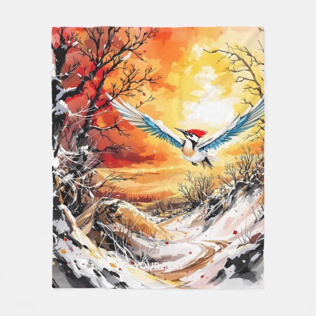 Fantasy Cute Forest Woodpecker Sunset Fleece Blanket (Front)