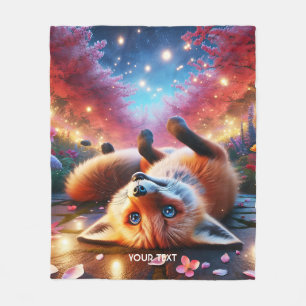 Fantasy Cute Fox Laying Sakura Fleece Blanket