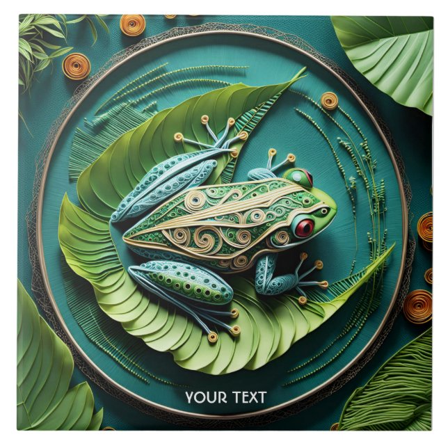 Fantasy Cute Frog Leaves Filigree Ceramic Tile (Front)
