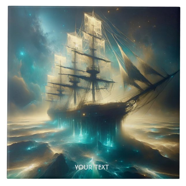 Fantasy Cute Ghost Sea Ship Ceramic Tile (Front)