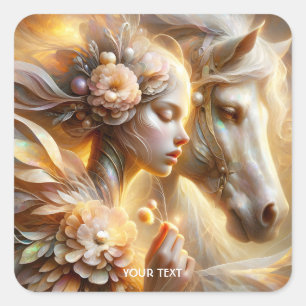 Fantasy Cute  Girl And Horse Square Sticker
