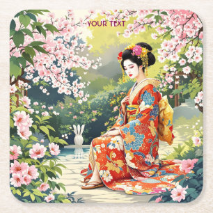 Fantasy Cute Girl Kimono Sakura Square Paper Coaster
