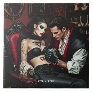 Fantasy Cute Girl Man Tattoo Ceramic Tile