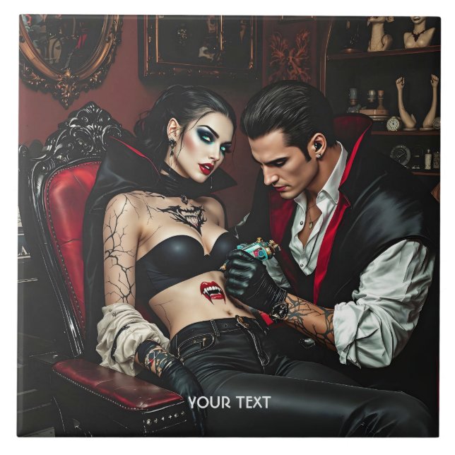 Fantasy Cute Girl Man Tattoo Ceramic Tile (Front)