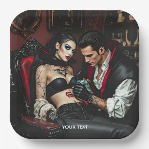 Fantasy Cute Girl Man Tattoo Paper Plate
