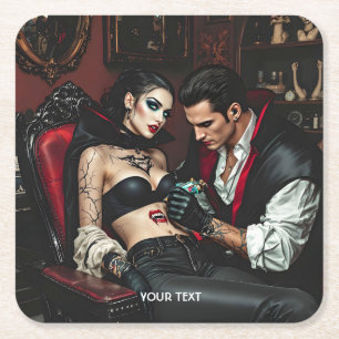 Fantasy Cute Girl Man Tattoo Square Paper Coaster