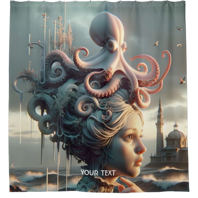 Fantasy Cute Girl Octopus Sea Shower Curtain (Front)