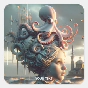 Fantasy Cute Girl Octopus Sea Square Sticker