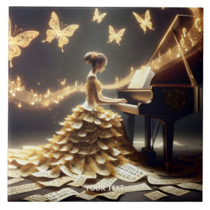 Fantasy Cute Girl Playing Piano Ceramic Tile