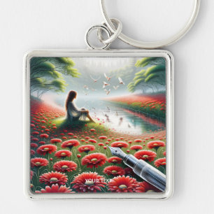 Fantasy Cute Girl Red Flowers Key Ring