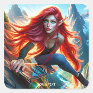 Fantasy Cute Girl Skateboard Hair Square Sticker