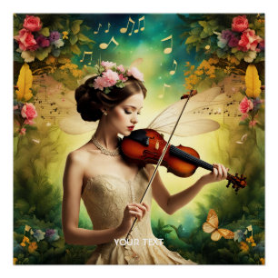 Fantasy Cute Girl Violin Flowers Poster
